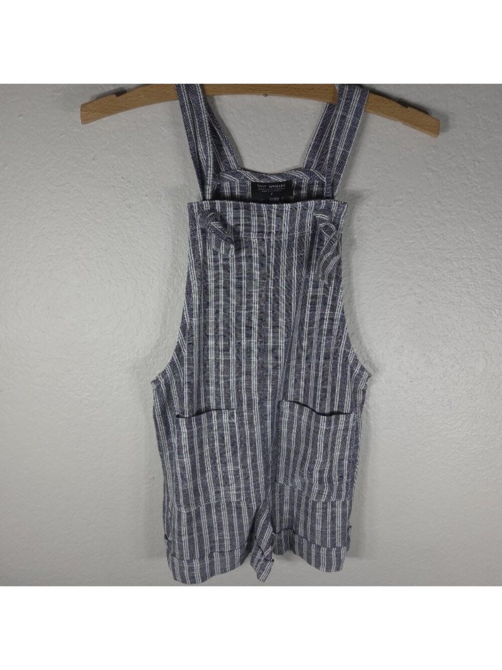 Tiny Wales Girls Knit Linen Blend Romper Shorts Size 7 Gray Striped Pockets - Picture 1 of 9